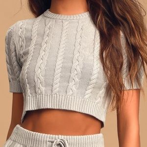 Deluxe Chill Grey Cable Knit Short Sleeve Cropped Sweater Top